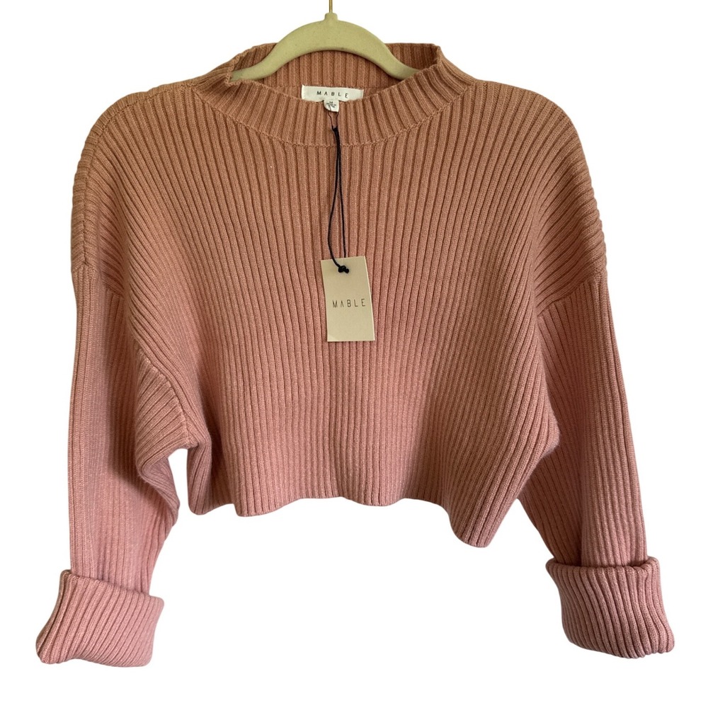 Mable (Anthropologie) Blush Pink Ribbed Mock Neck Cropped Sweater NWT Medium